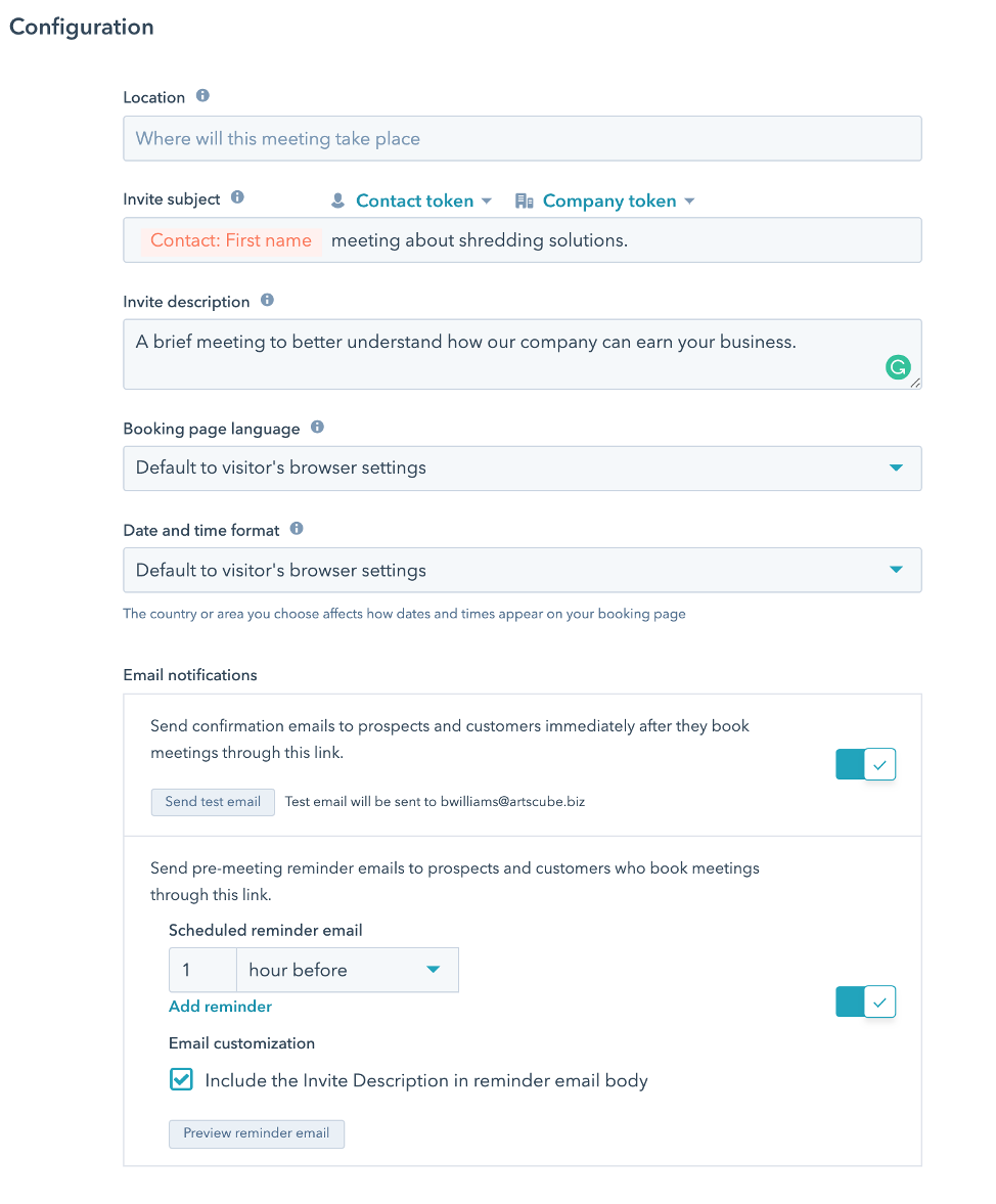 Configuration Section in HubSpot personal meeting 