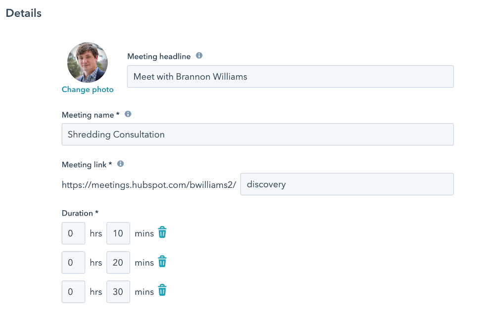Details Section in HubSpot personal meeting link