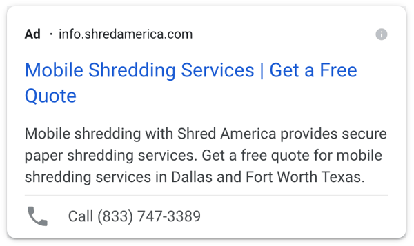 Example Of A Text Ad With Call Extension