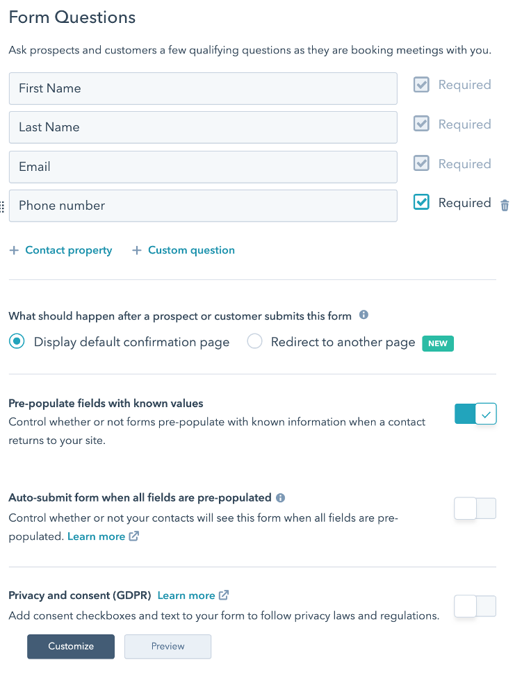 Form Question HubSpot personal meeting link