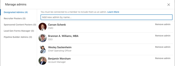 Step 3 adding new admin to LinkedIn company page